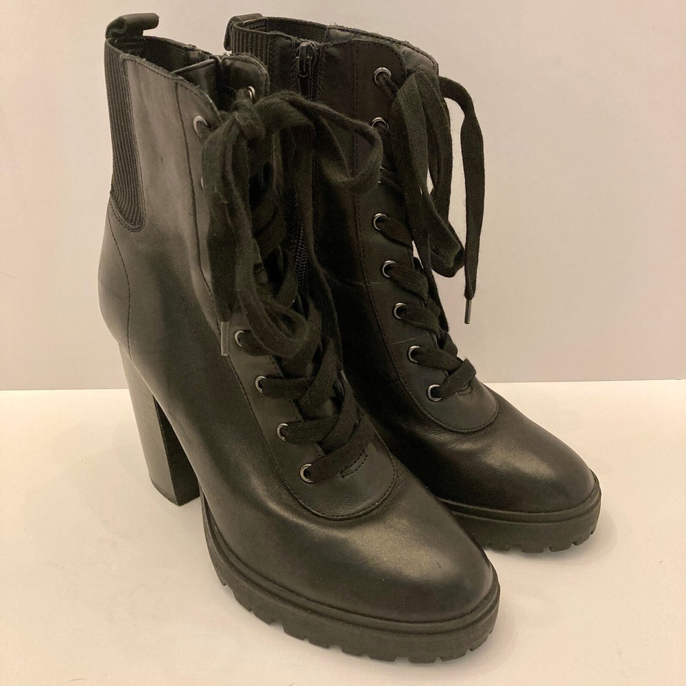 Steve Madden Boots Womens 9M "Latch" Black Leather Lace‎ Up Zip Block Lug Sole